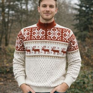 1960s 1970s Jersild Vintage Festive Knit Sweater Orange Cream Reindeer Mock Neck